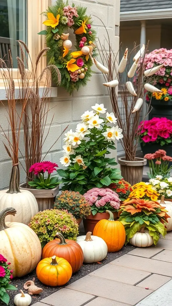 A garden decorated with colorful flowers, pumpkins, and a wreath for seasonal decor.