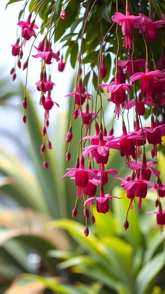 Clusters of vibrant pink and purple fuchsia flowers hanging from green foliage