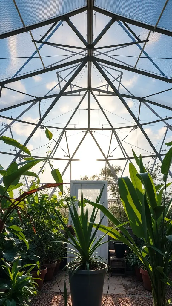 Interior view of a geodesic dome greenhouse with various plants and an open door.