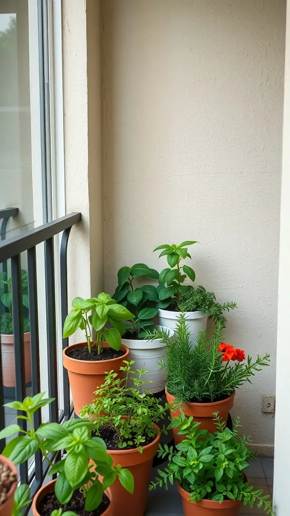 A small balcony garden featuring various potted herbs like basil, mint, and rosemary in terracotta pots.