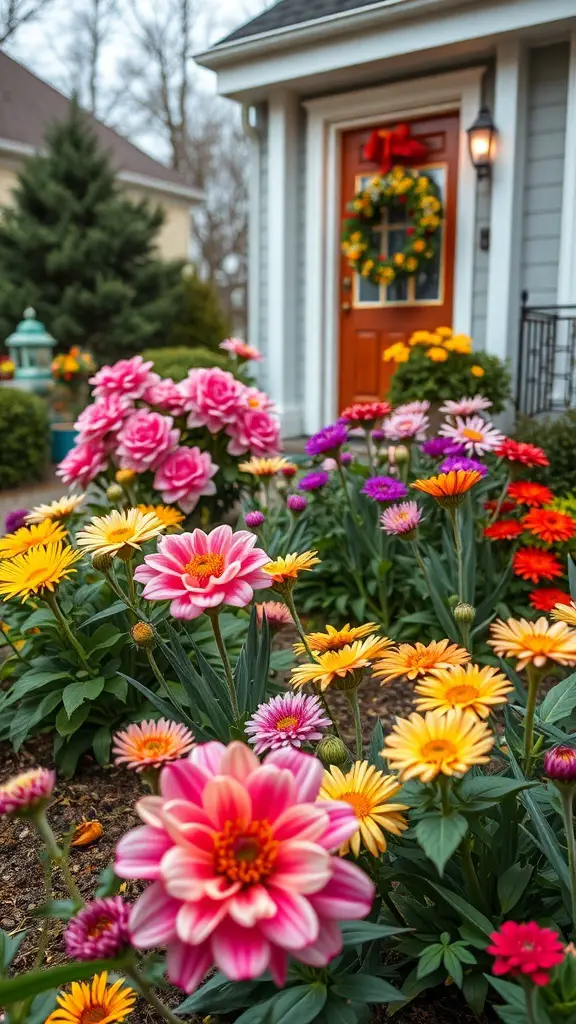 A colorful front garden filled with pink, yellow, and orange flowers, leading to a welcoming home entrance.