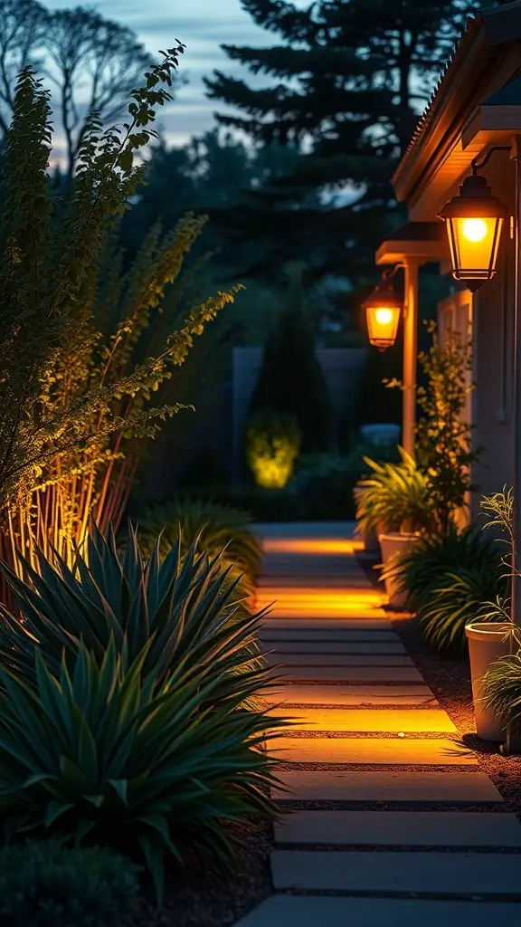 A beautifully lit garden pathway with warm outdoor lighting fixtures and lush plants.