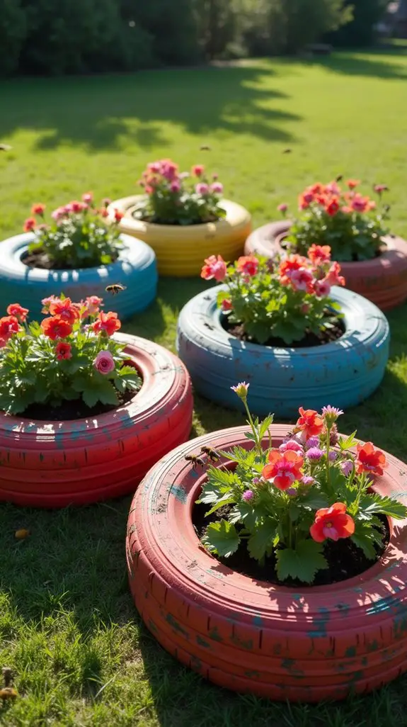 colorful recycled tire planters
