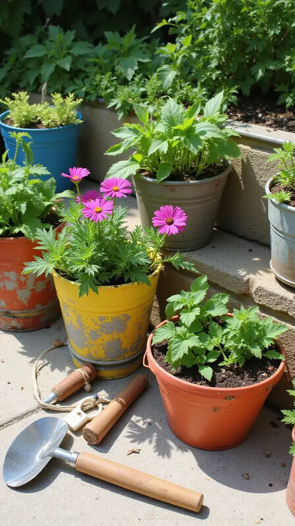 repurposed bucket container gardening