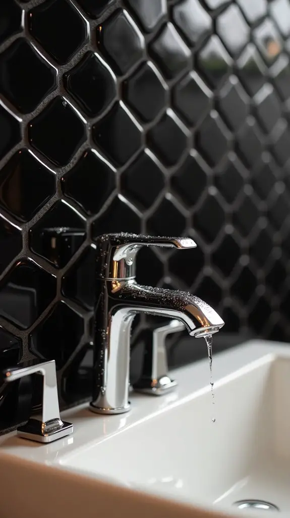 black hexagon backsplash accents