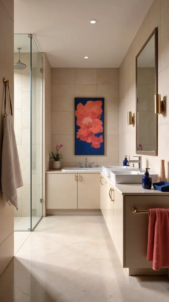 bold accents enhance beige bathroom