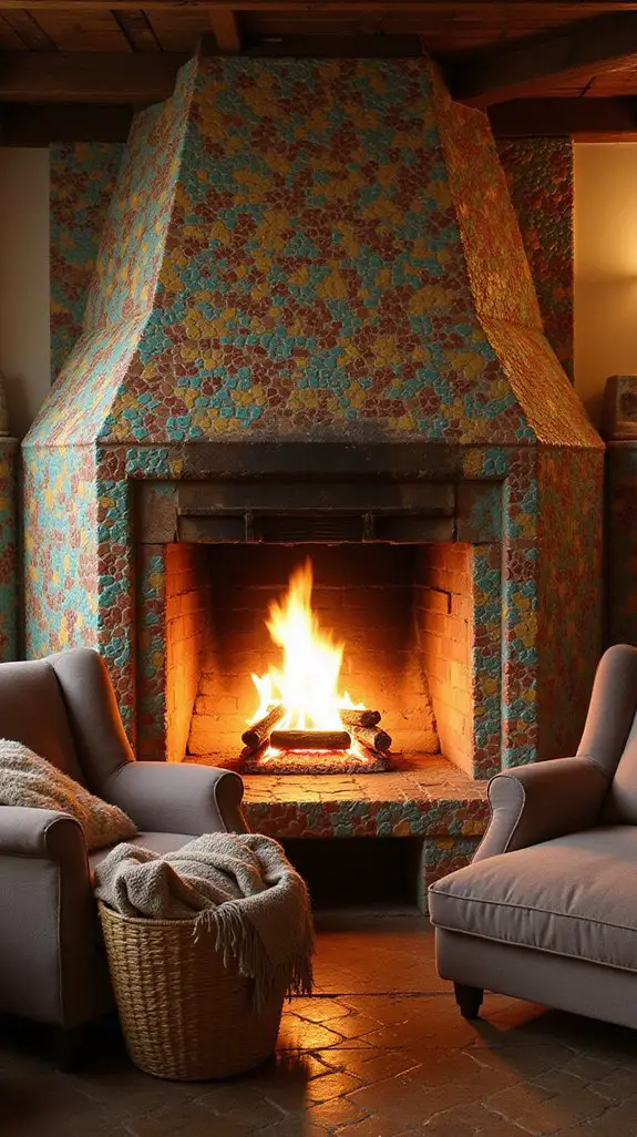 colorful tile fireplace accents