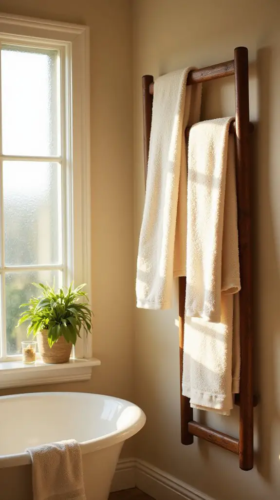cream towels on brown racks