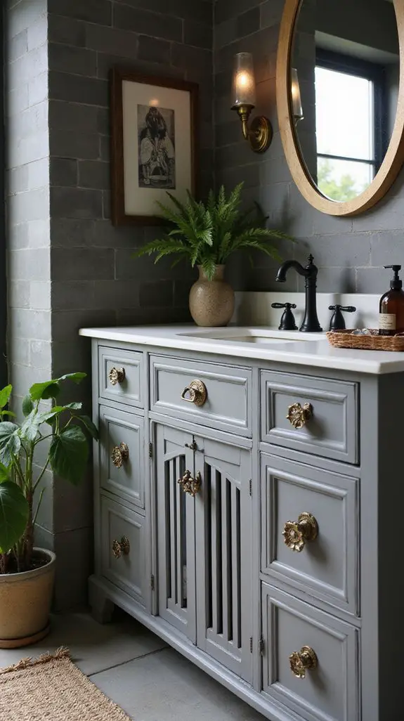eclectic gray vanity hardware