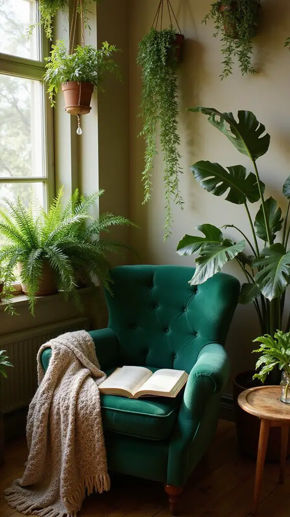 lush plant filled reading nook