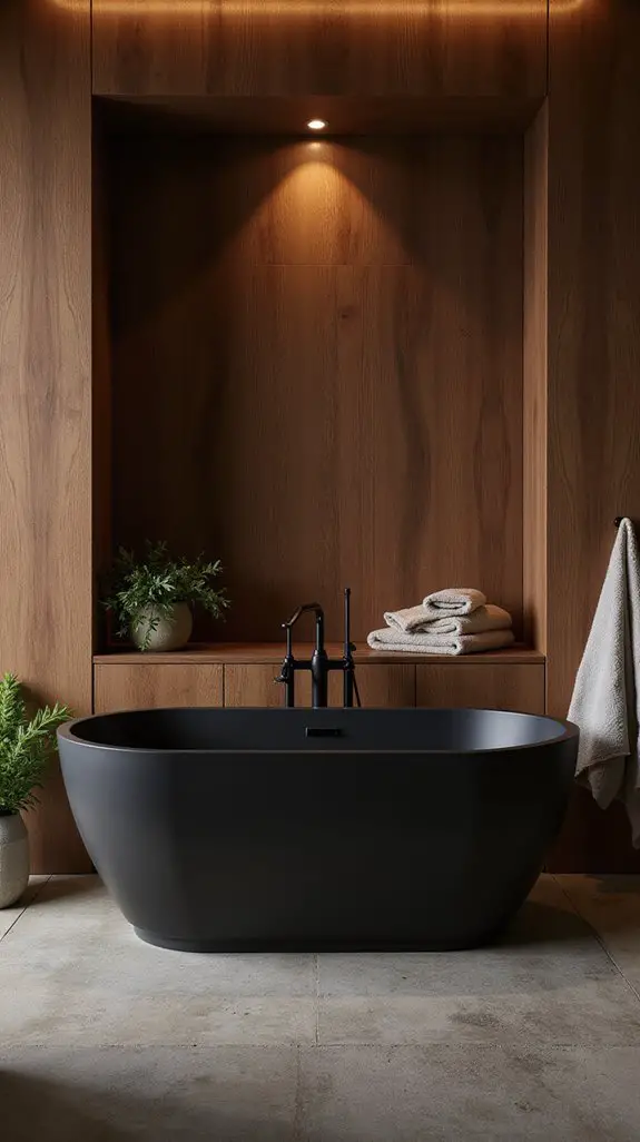 luxurious black bathtub warm wood