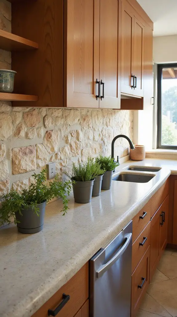 textured limestone kitchen backsplash