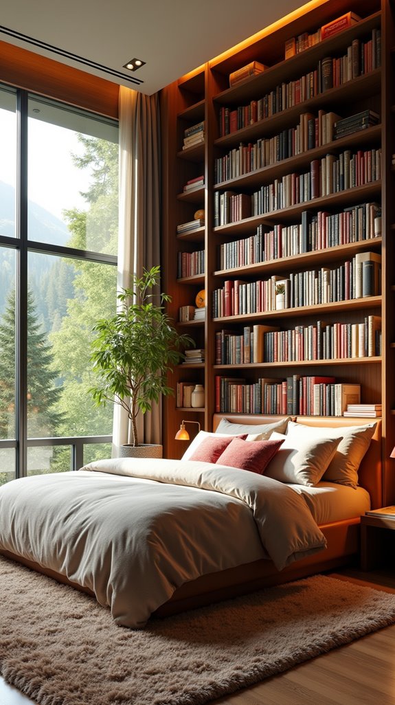cozy bedroom bookshelf integration