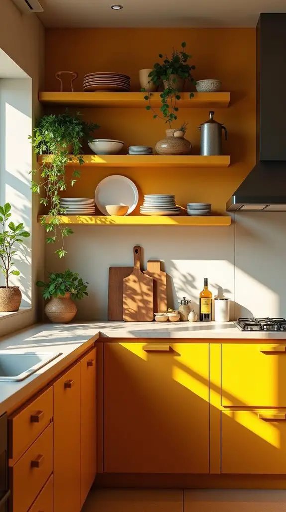 vibrant mustard open shelving
