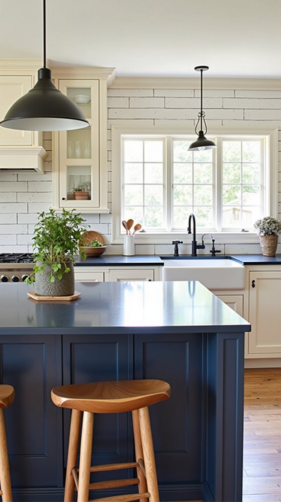 blue countertops enhance farmhouse aesthetic