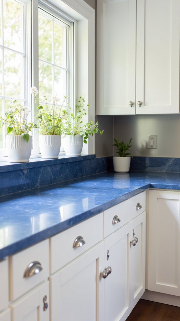 blue countertops white cabinets