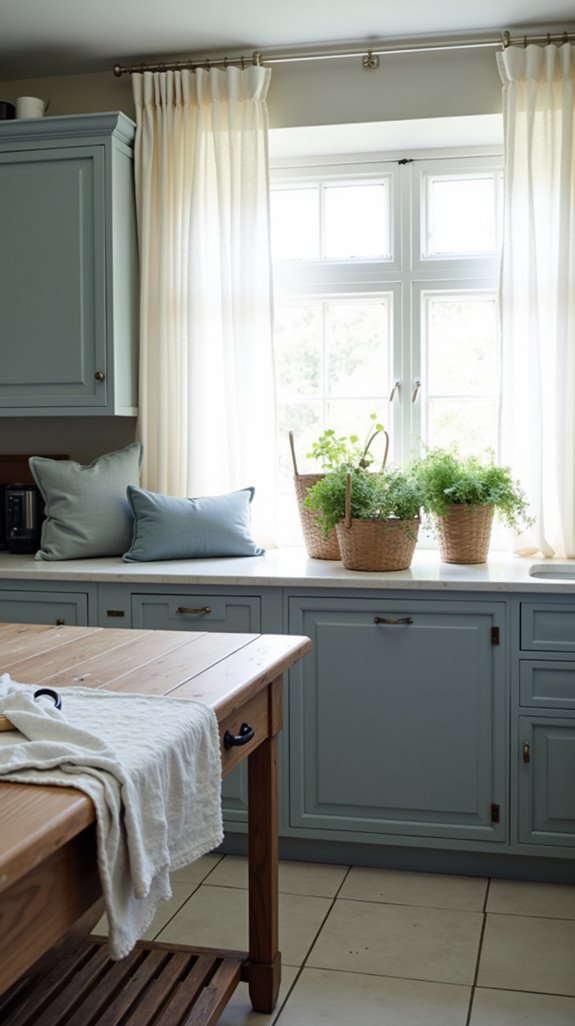 dusty blue kitchen textiles