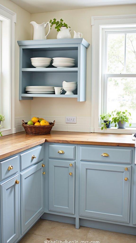 inviting sky blue cabinets