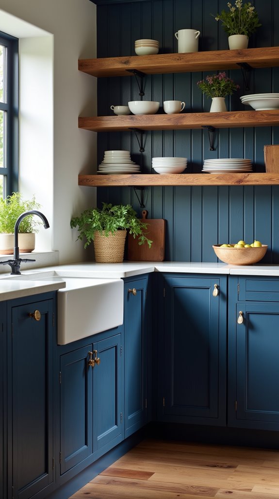 navy blue open shelving