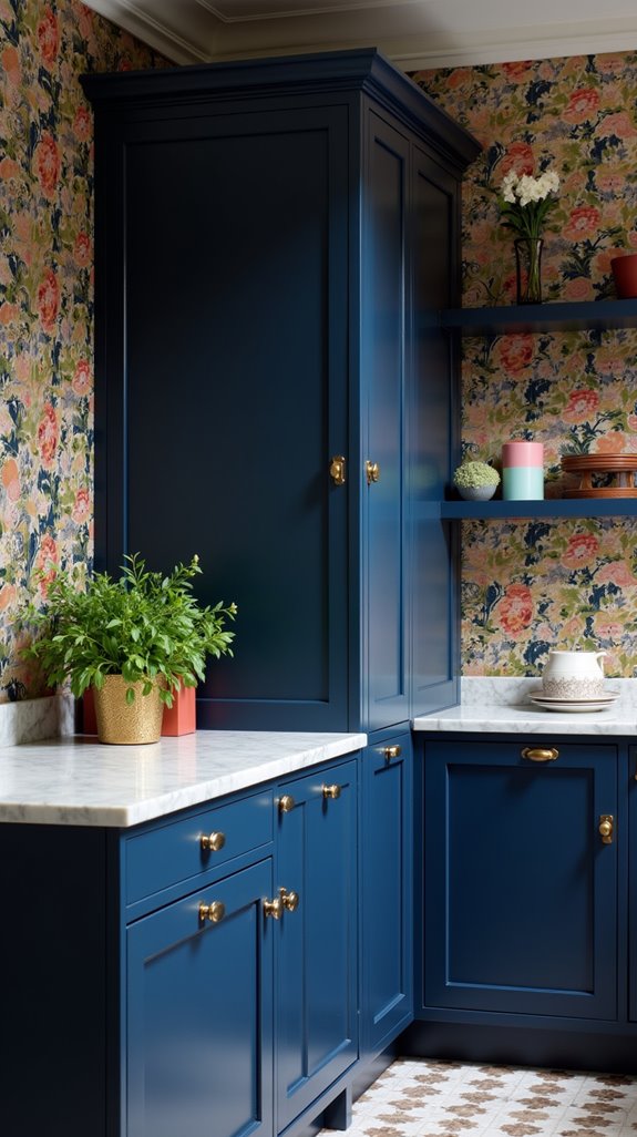 navy cabinets bold wallpaper
