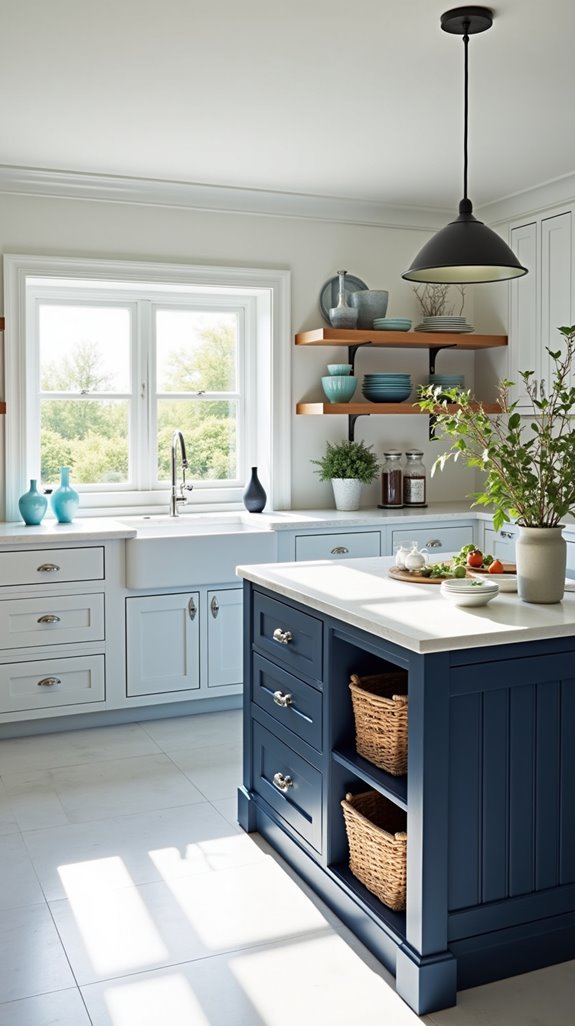 organized blue and white kitchen