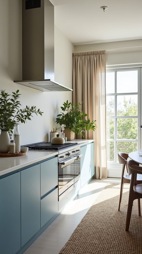 powder blue open concept kitchen