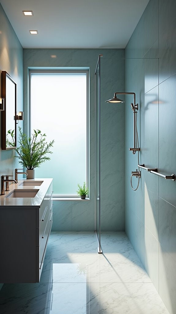 serene minimalist blue grey bathroom