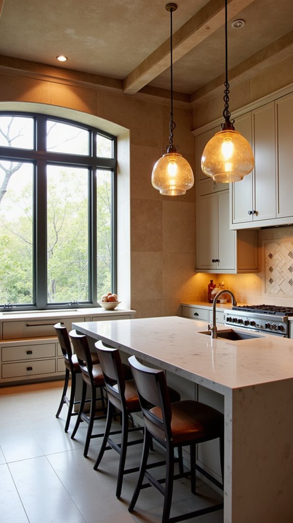 textured limestone walls enhance kitchens