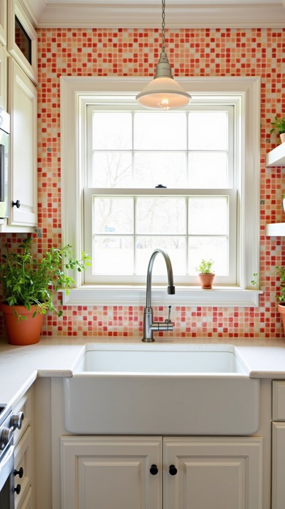 vibrant peach tile backsplash