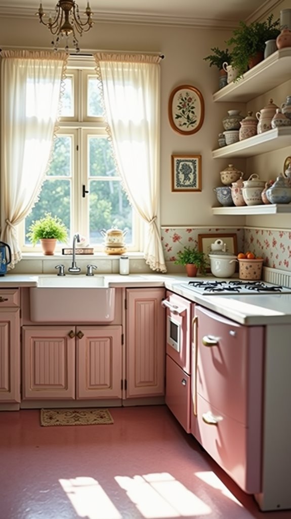 vintage pink and white kitchen