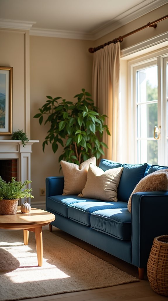 blue sofa warm neutrals