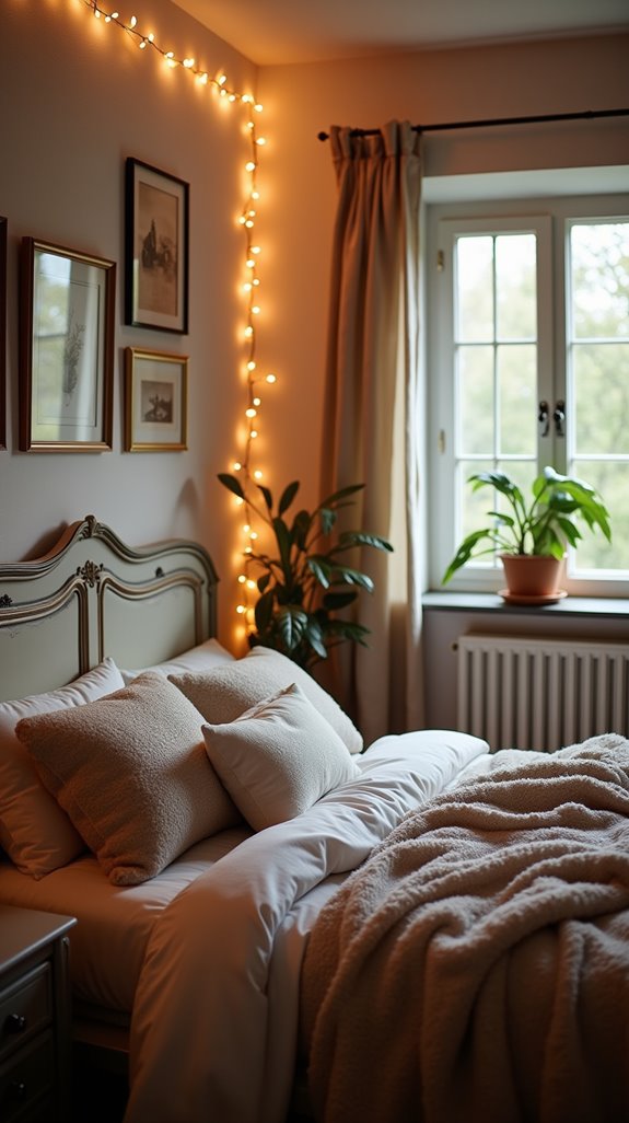 cozy bedroom with string lights
