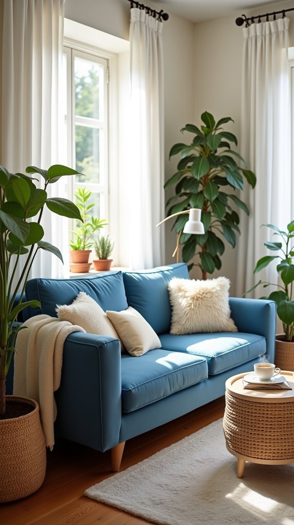 cozy blue sofa reading nook