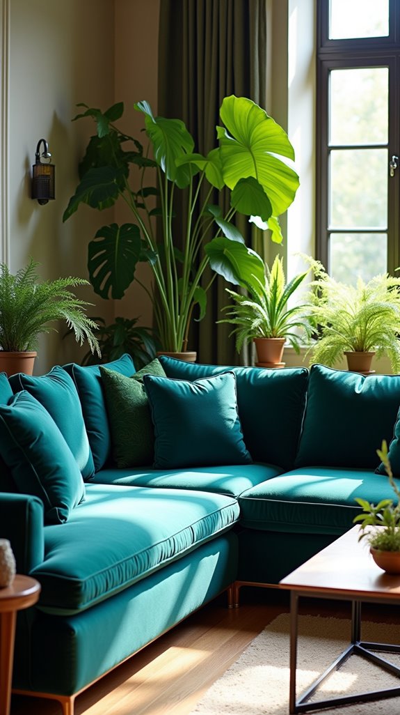 greenery enhances blue sofa
