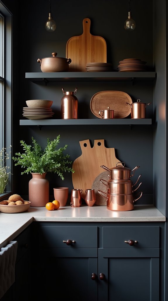 copper accents enhance shelves
