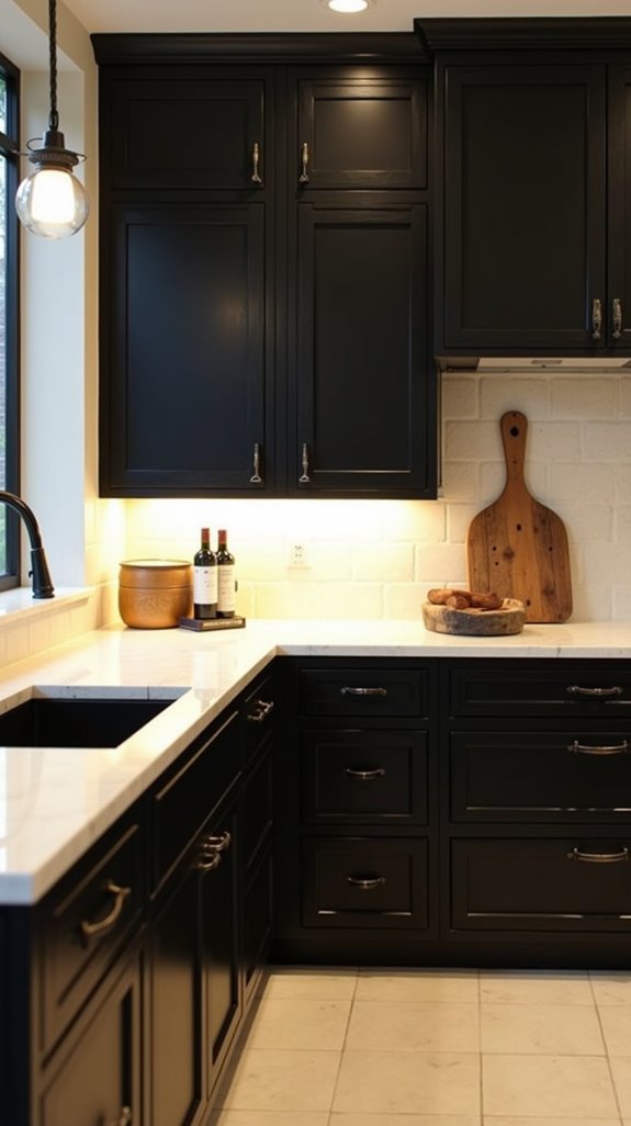 creamy countertops enhance dark cabinetry