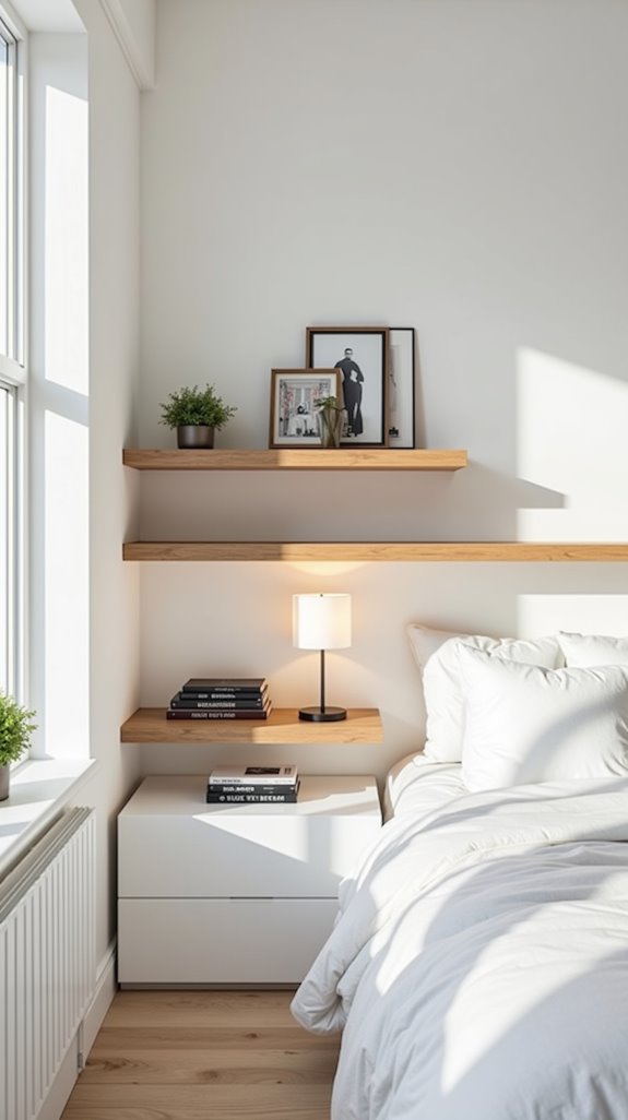 floating shelves as headboard
