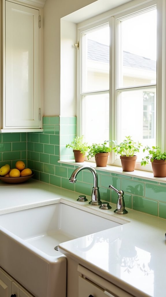 green tiles white countertops
