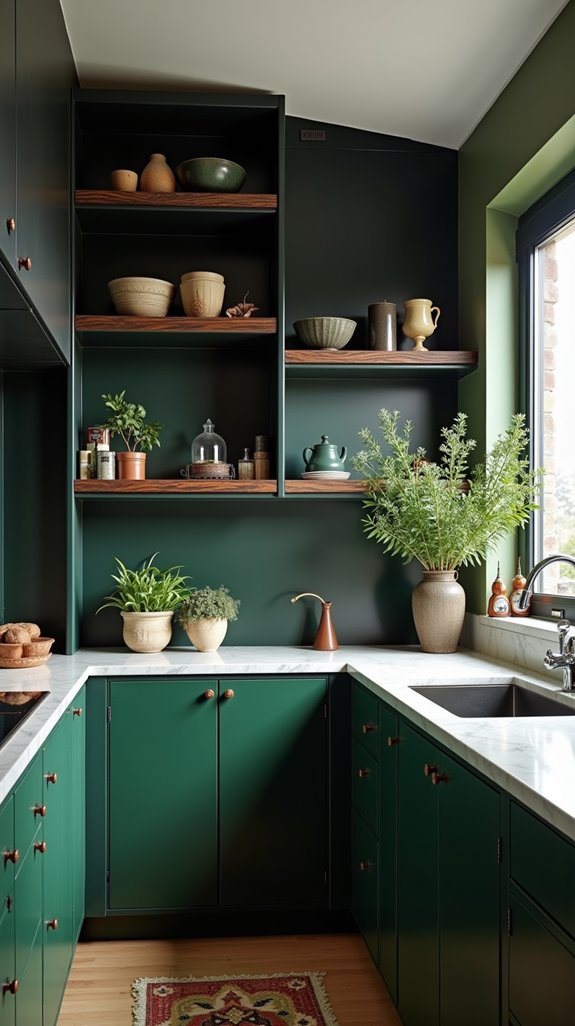 open shelving green cabinetry