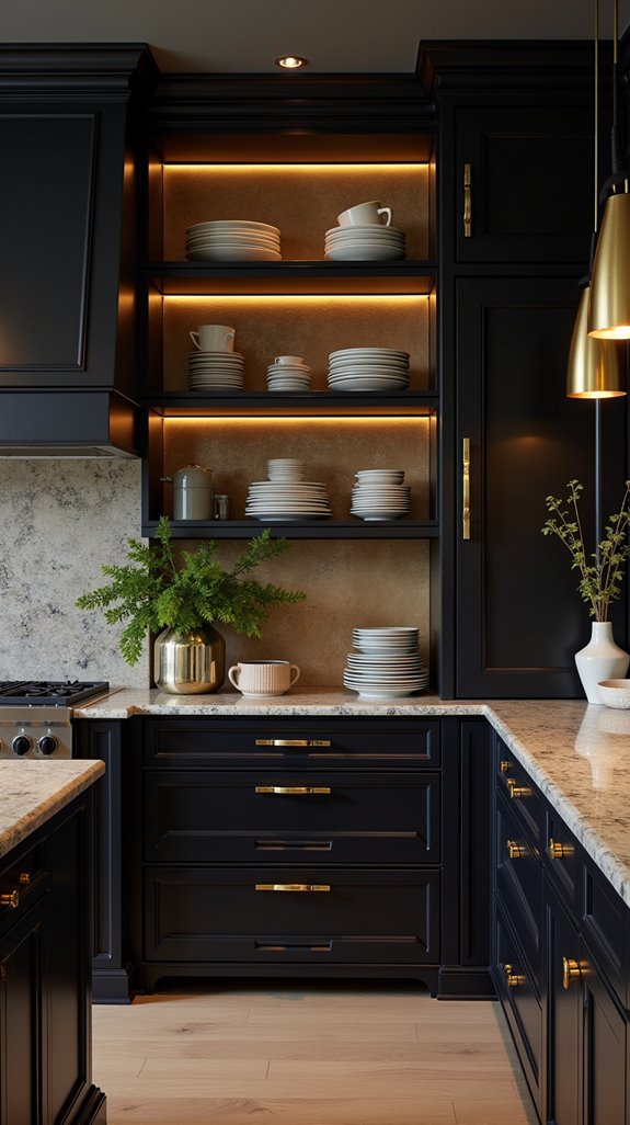 open shelving or cabinets