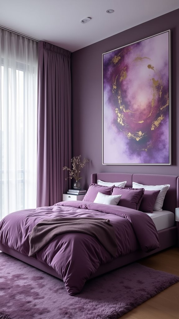 purple artwork enhances bedroom