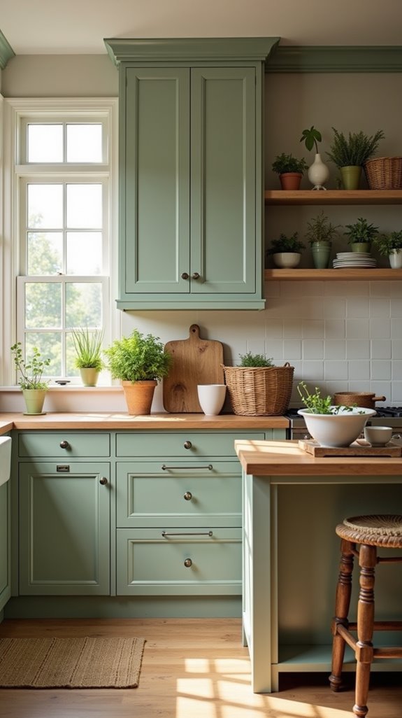 sage green and natural wood